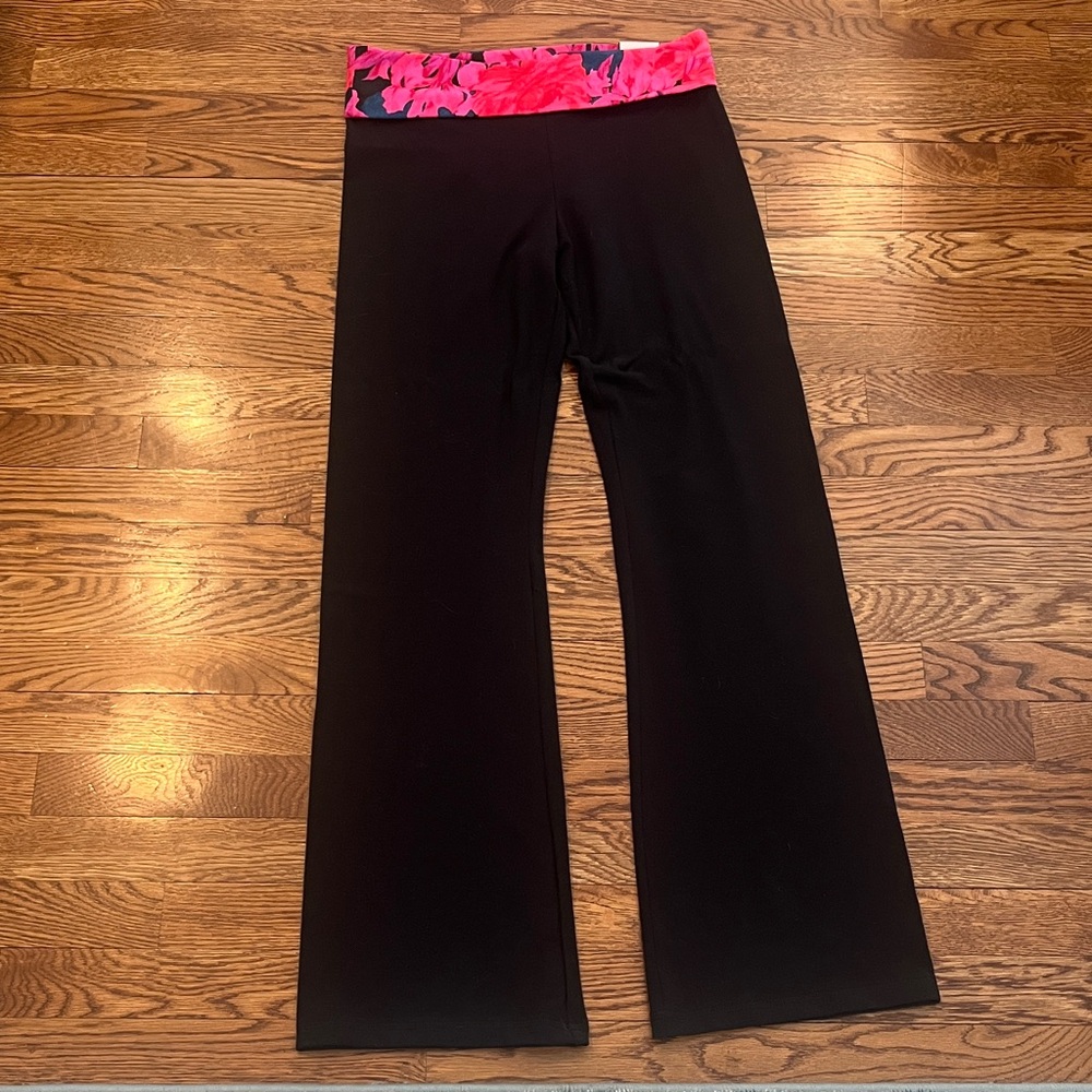 Victoria's Secret Black Leggings with Pink Floral Fold-Over Waistband